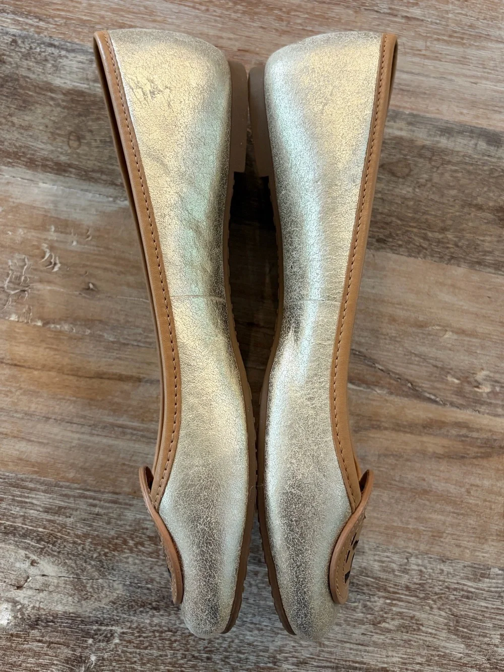 Tory Burch Louisa Ballet Flats Metallic Platinum Gold Blonde Leather Trim 7.5M